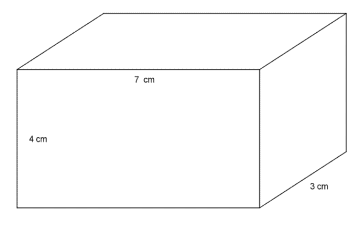 Rett, firkantet prisme med dimensjoner 7 cm, 3 cm og 4 cm.